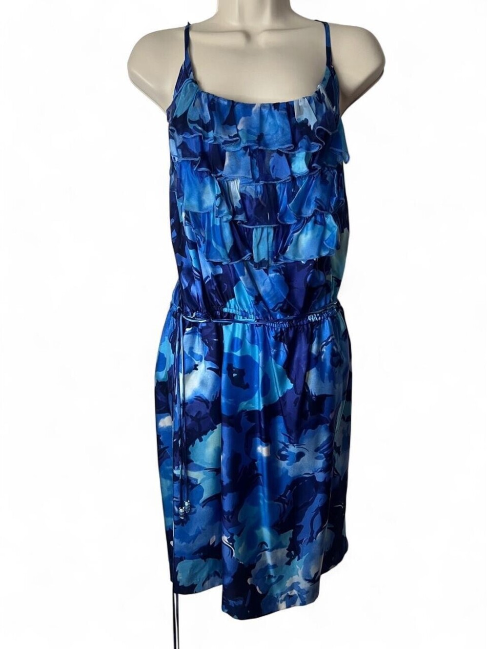 Karen Kane Dress Womens Large 100 Silk Blue Watercolor Abstract Ruffle Cocktail